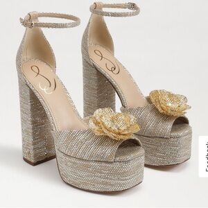 Sam Edelman Gold and Silver Beaded Platform Sandals with Flower Accent